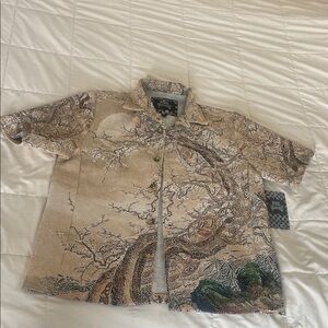 Rebel Vengeance Short Sleeve Tapestry Button Down Shirt Japanese Cherry Blossom